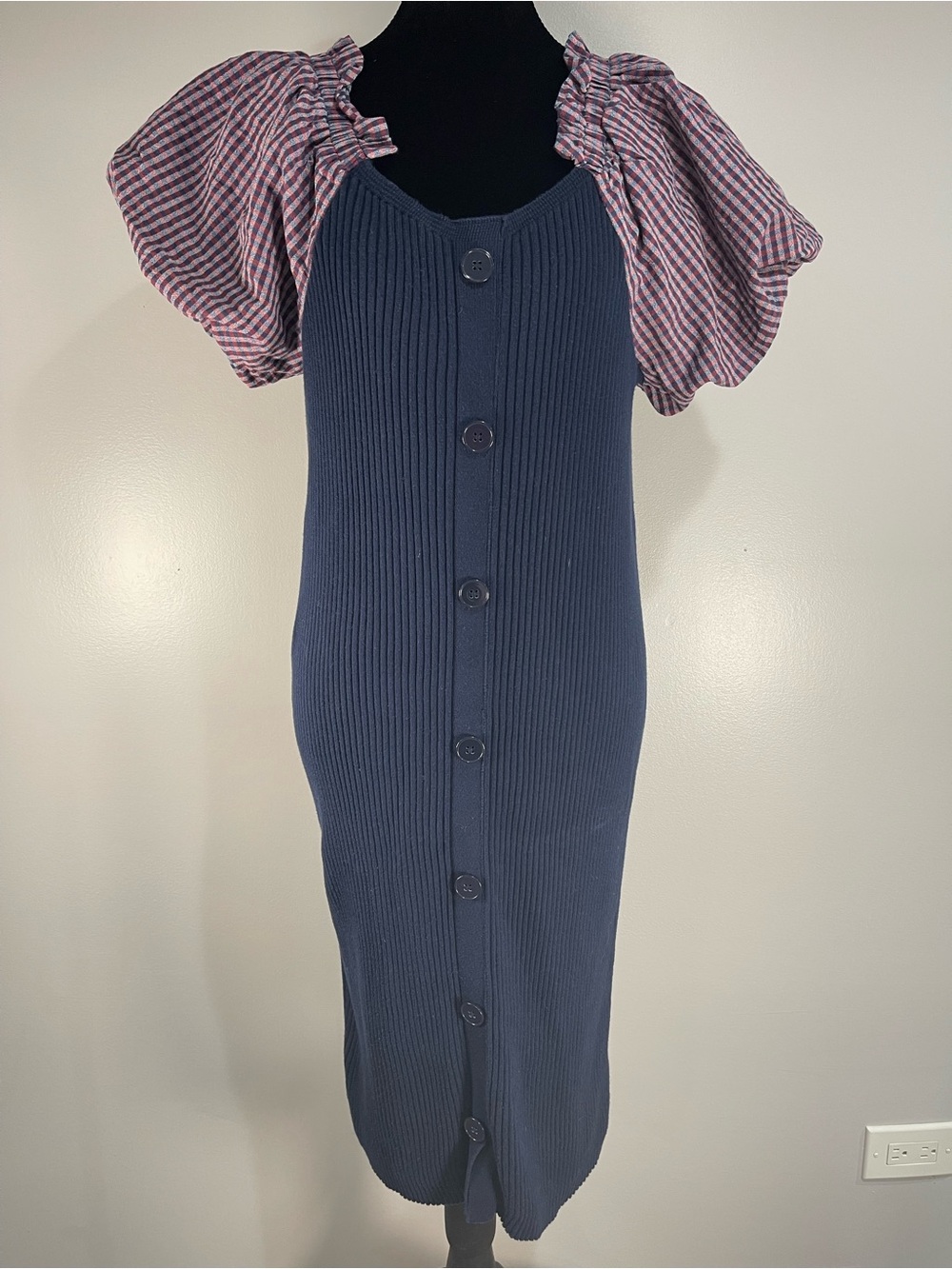 Maeve by Anthropologie Navy Ribbed Midi Dress with Puff Sleeves